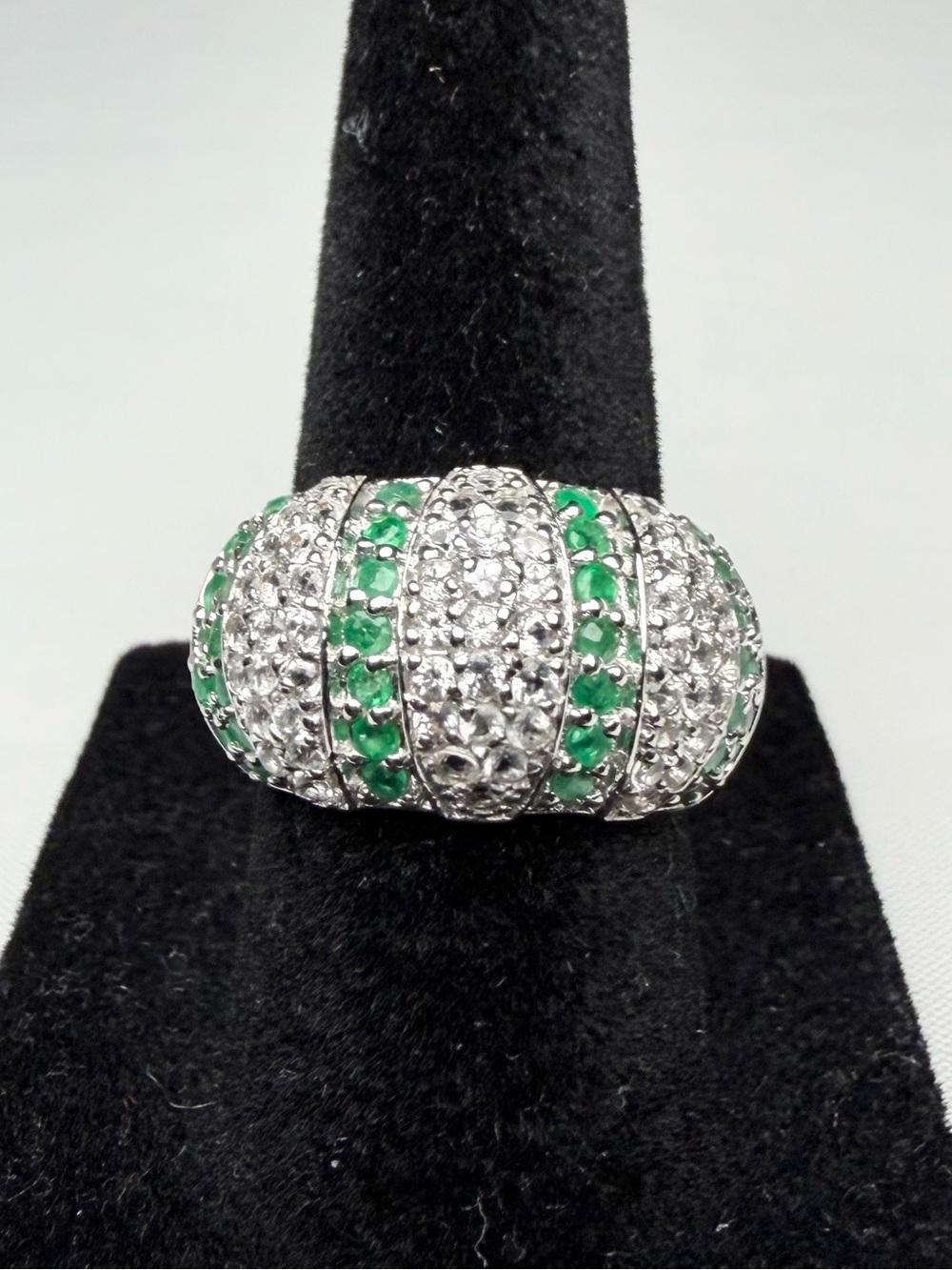 Solid 925 Sterling Silver Natural Emerald White Topaz Dome Cluster Ring Sz 6.5